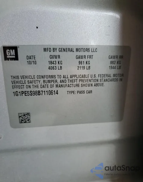 2011 Chevrolet Cruze Lt from USA, damaged, VIN 1G1PE5S98B7110614